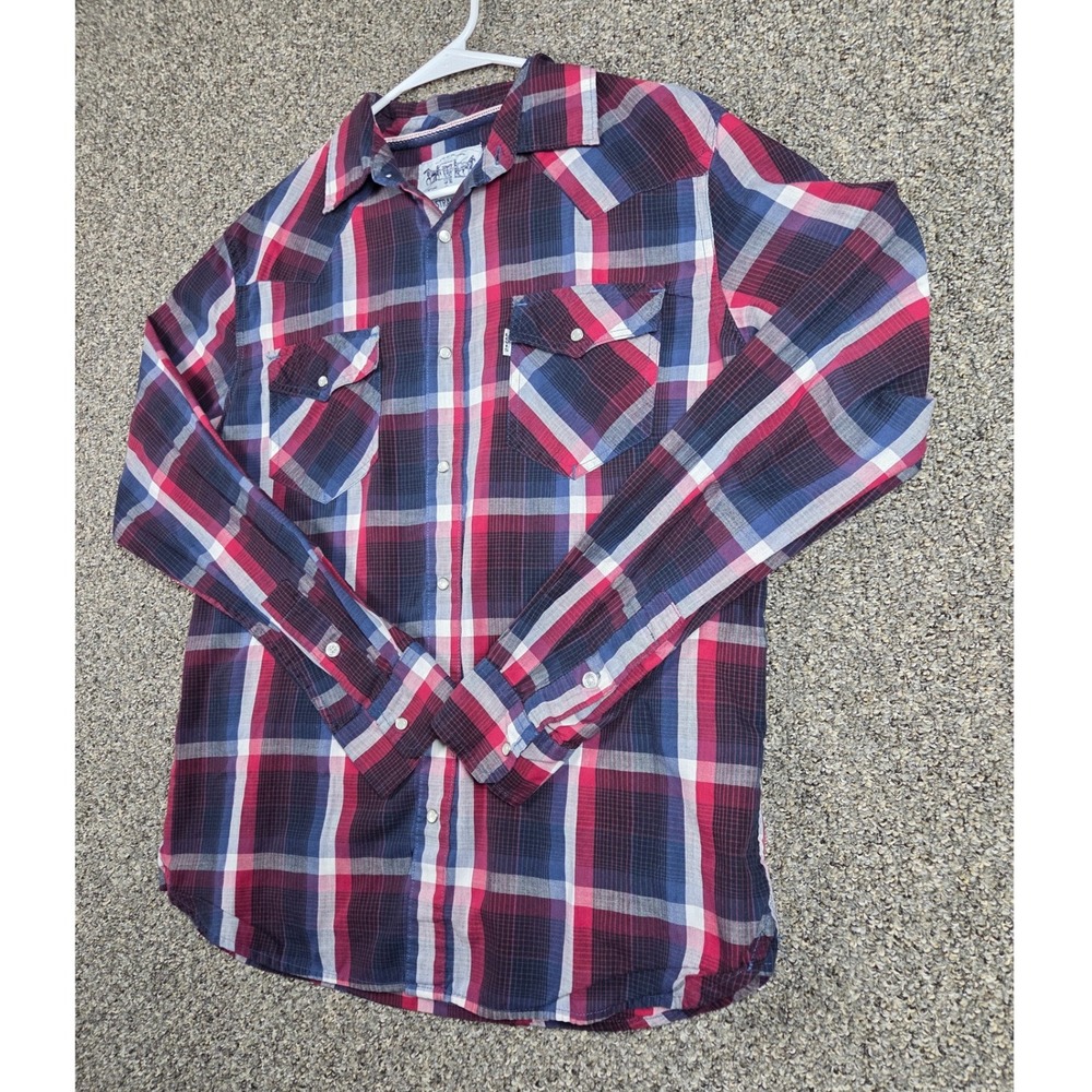 Levi Strauss Pearl Snap Shirt Mens M Red Plaid Western Cotton Blend Casual 0386 - Picture 2 of 9